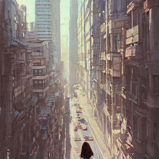 Prompt: woman, city, looking down, street top view, by wlop, artgerm, greg rutkowski