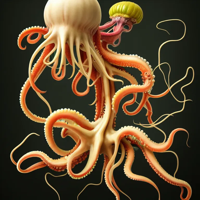 Image similar to still life of surreal alien squid, octopus, pastel tropical flowers, surreal alien ribbed tropical fruit, white human spine, baroque painting, beautiful detailed intricate insanely detailed octane render, 8K artistic photography, photorealistic, chiaroscuro, Raphael, Caravaggio