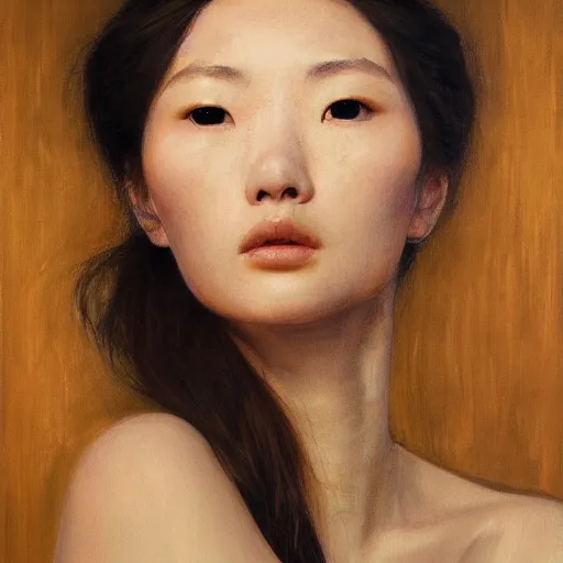 Image similar to high quality portrait painting of woman by Zhong Fenghua and Gustav Klimt, stunning, detailing, artstation trending, perfect lighting, golden hour, face detailing