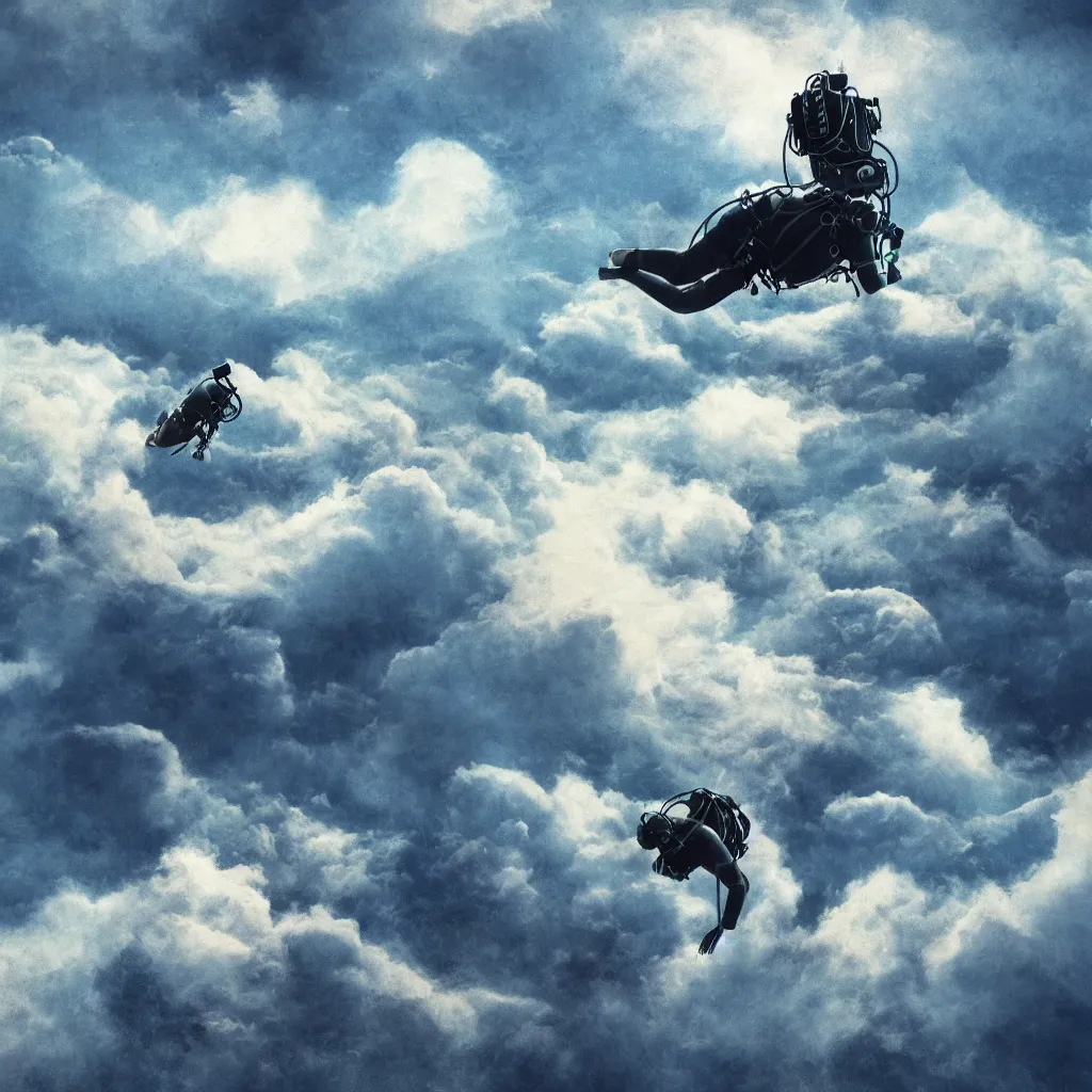 Image similar to a scubadiver floating above the clouds, digital illustration