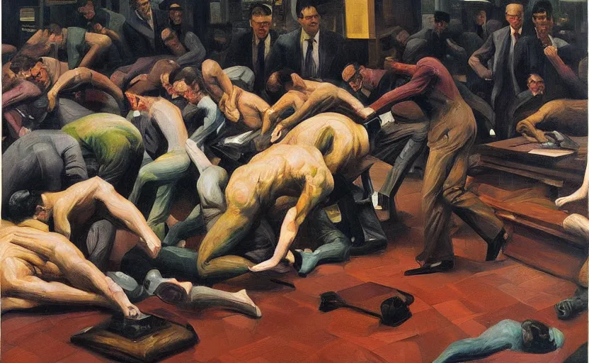 Prompt: Oil painting of mens in newyork stock exchange trading floor bearish markets droped fighting each other papers flying around by Lucian Freud, Abstract brush strokes, Masterpiece, Edward Hopper and James Gilleard, Zdzislaw Beksinski, Mark Ryden, Wolfgang Lettl highly detailed, hints of Yayoi Kasuma