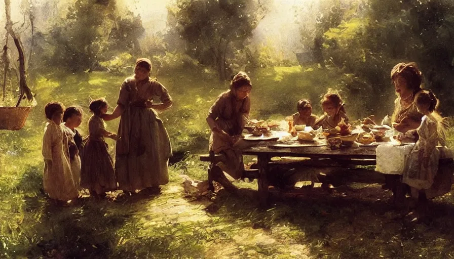 Image similar to simple villager and children about to eat a meal together, art by anders zorn, wonderful masterpiece by greg rutkowski, beautiful cinematic light, american romanticism thomas lawrence, greg rutkowski