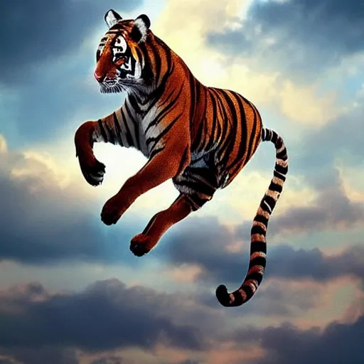 Prompt: tiger horse hybrid floating in the calm sky, trending in artstation, digital art, wow, stunning, high quality, 1 6 k, intrincate, very detailed, velvet fur