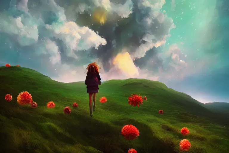 Image similar to giant dahlia flower as a head, girl walking on mountain, surreal photography, stars, dramatic light, impressionist painting, storm clouds, digital painting, artstation, simon stalenhag