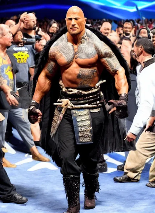 Image similar to dwayne johnson entering entrances ramp of smackdown as samurai!