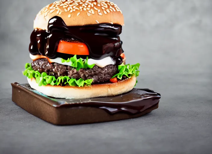 Prompt: dslr food photograph of burger with marshmallows in it, chocolate sauce, 8 5 mm f 1. 8