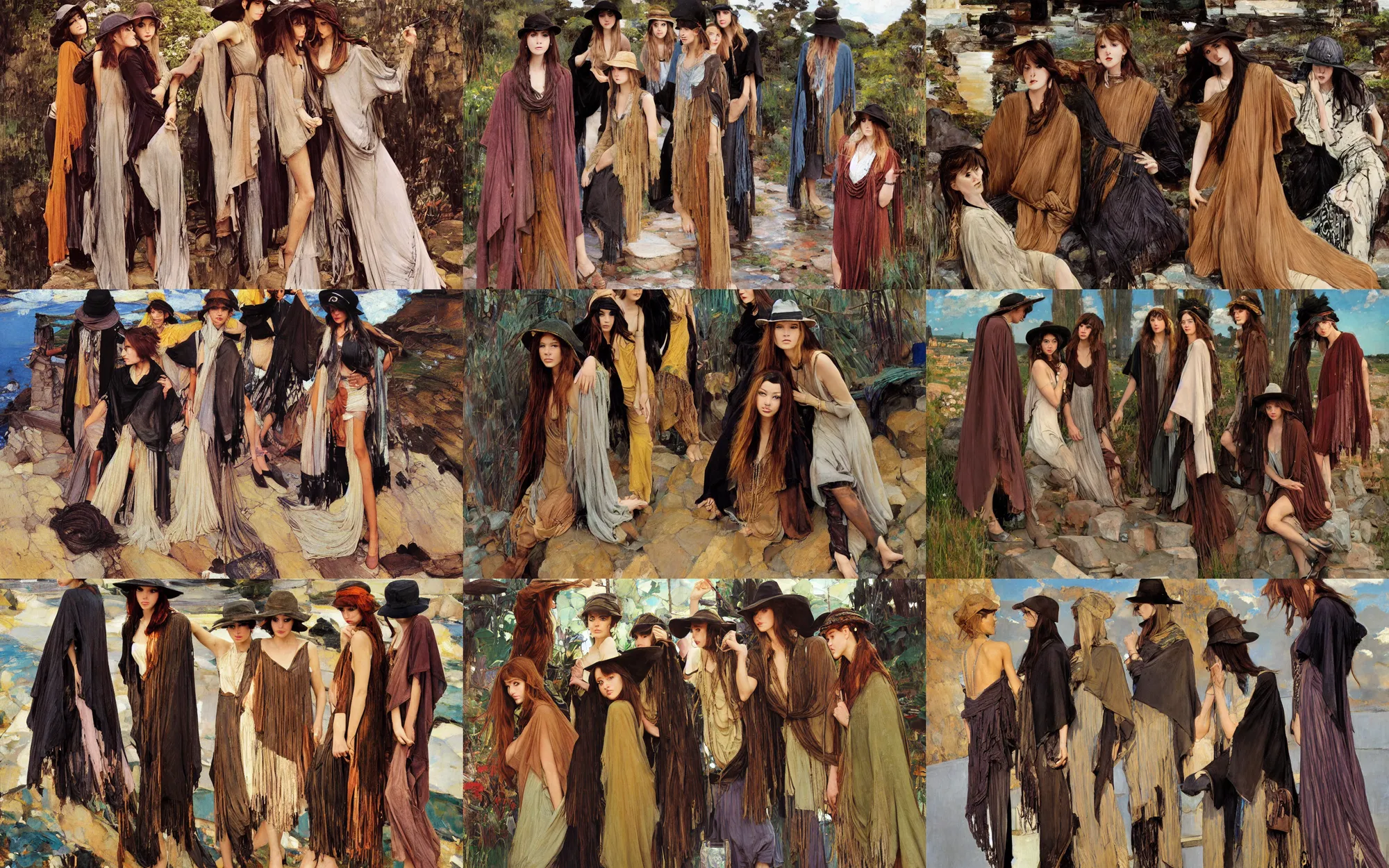 Prompt: dramatic light, industrial rusty pipes, simple form, brutal shapes, portrait of group of fashionable young womans wearing rich jewerly hat and boho poncho, lying pose on stones, 1970s fashion, anime, studio ghiblil, thunder clouds in the sky, artwork by Joaquin Sorolla and john william waterhouse and Denis Sarazhin and klimt and rhads and van gogh and Dean Ellis and Detmold Charles Maurice
