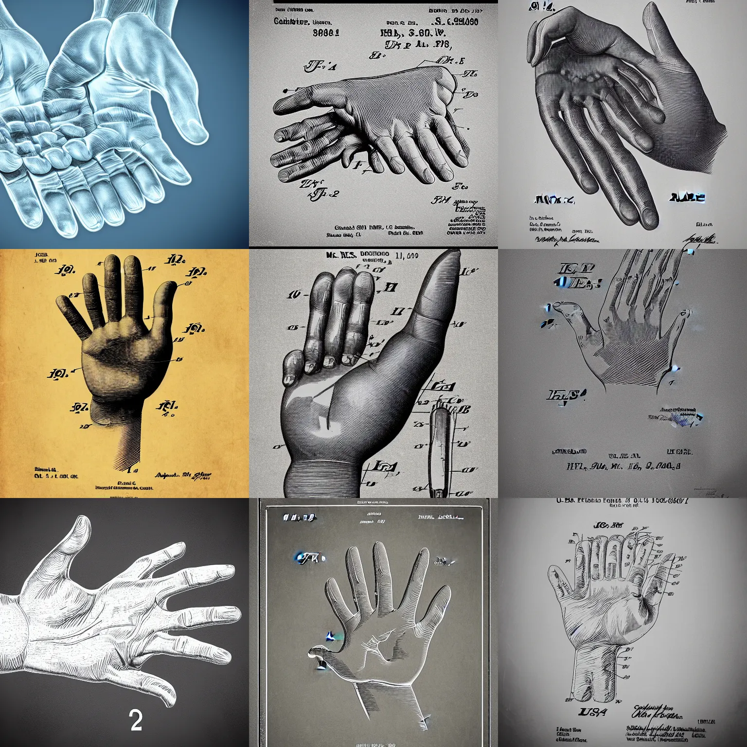 Prompt: us patent of human hand, highly detailed