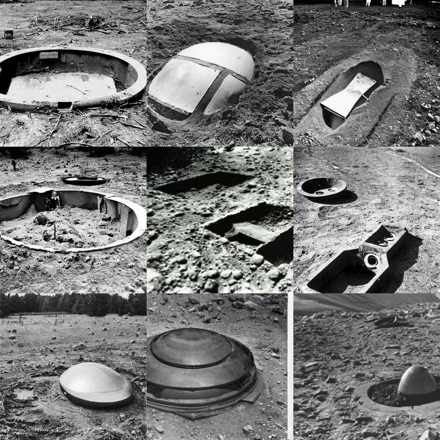 Prompt: 1960s photographic evidence of remains of an alien spaceship buried in the ground