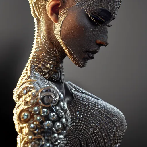 Image similar to full body detailed, ethereal, biomechanical, covered in diamonds and other gems glowing, highly detailed face, elegant posed, intricate, extremy detailed, beeple, cgsociety, 3 d unreal engine octane render. cinematic lighting, highly detailed 4 k art