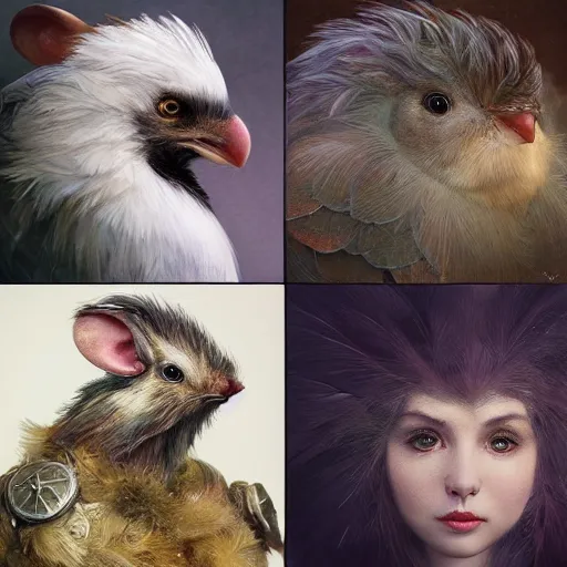 Image similar to portrait character design, a cute feathered mouse, feathers plumage, plumed by brian froud, portrait studio lighting by jessica rossier and brian froud and gaston bussiere