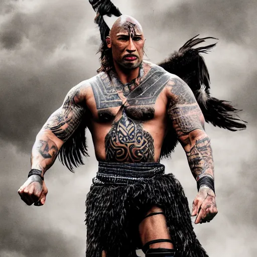 Prompt: medieval fantasy head and shoulders portrait of dwayne the rock johnson as a tattooed maori sorcerer, photo by philip - daniel ducasse and yasuhiro wakabayashi and jody rogac and roger deakins