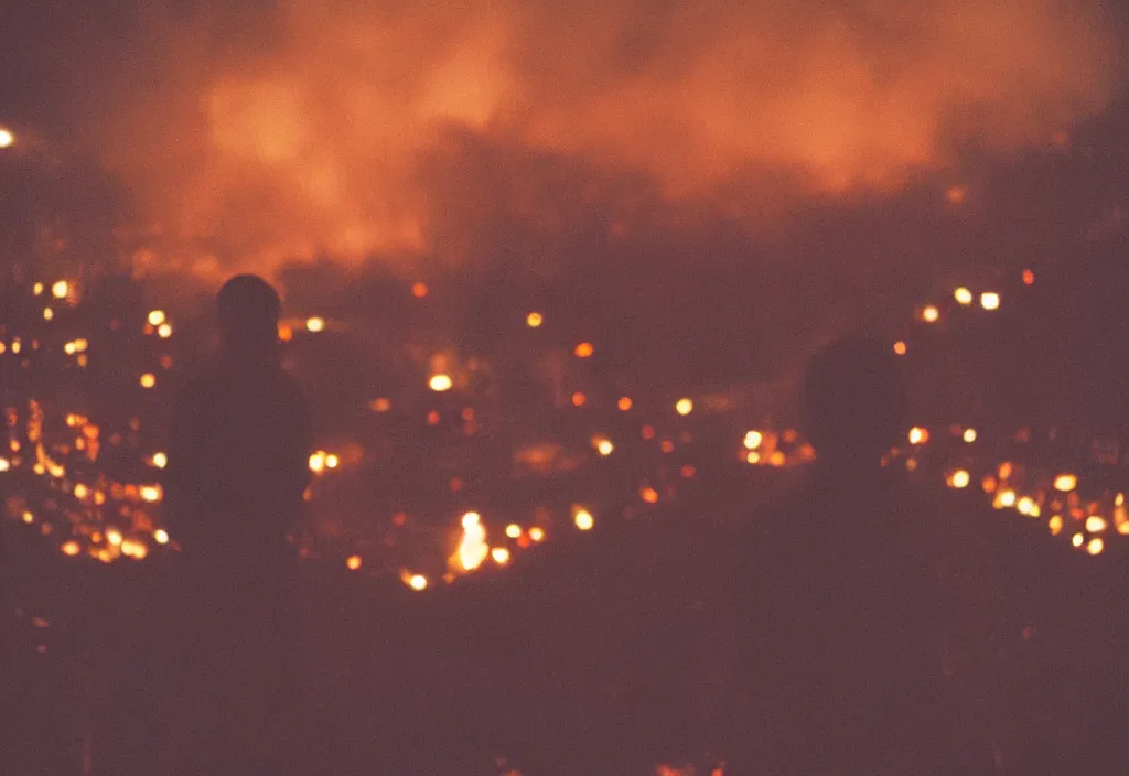 Image similar to lomo photo of a man standing on top of a burning bridge, cinestill, bokeh, out of focus, night, dramatic lighting