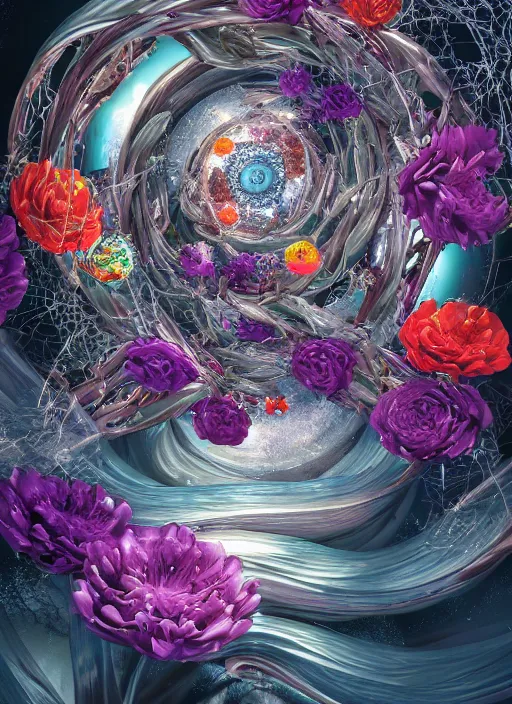 Prompt: An epic fantastic realism comic book style painting of the most beautiful spiraling entwined flowers launched exquisitely across the bright spinning universe, floating bouquets, fisheye, perfect shiny iridescent silver spheres, unreal 5, DAZ, hyperrealistic, octane render, dynamic lighting