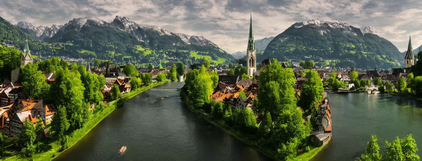 Image similar to Photo of Zurich, looking down the river at the lake and the alps, Hardturm, Grossmünster, wide angle, trees, volumetric light, hyperdetailed, green water, artstation, cgsociety, 8k