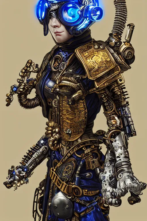 Image similar to Portrait of a steampunk sci-fi cyborg samurai, third person, D&D, sci-fi fantasy, intricate, blue and gold, highly detailed , art by Range Murata, highly detailed, 3d, octane render, bright colors, digital painting, trending on artstation, sharp focus, illustration style of Stanley Artgerm,