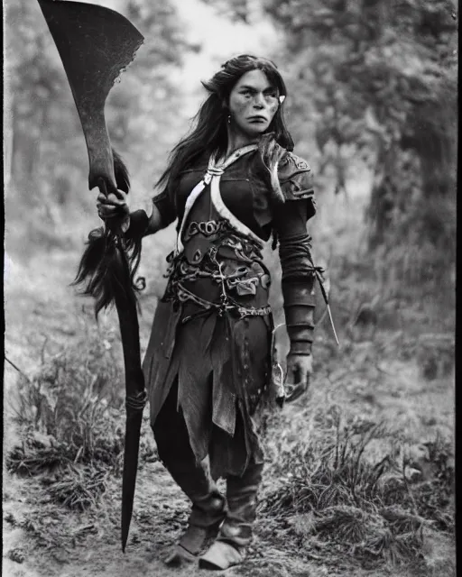 Image similar to female half orc with brown hair, melee weapons, dnd, leather clothing, photo by gertrude kasebier