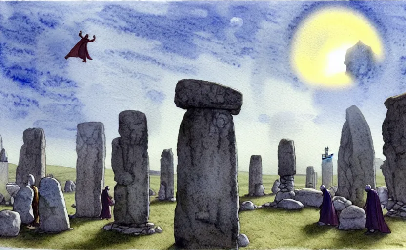 Prompt: a hyperrealist watercolour character concept art portrait of small grey medieval monks with floating stones in the air in front of a complete stonehenge monument on a misty night. a ufo is in the sky. by rebecca guay, michael kaluta, charles vess and jean moebius giraud