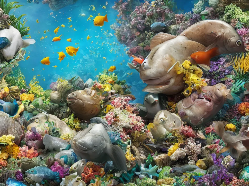 Prompt: a sculpture of fish ocean intertwined, a lovely cornucopia of flowers and cows, body parts, highly detailed, octane render, cinematic, shock, sharp focus, ball, an independent psycho, clean