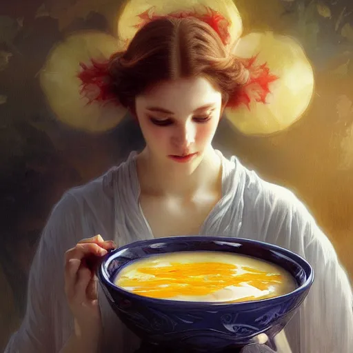 Prompt: nacho cheese dripping elegantly into blueberries, intricate, elegant, highly detailed, digital painting, artstation, concept art, smooth, sharp focus, illustration, art by artgerm and greg rutkowski and alphonse mucha and william - adolphe bouguereau