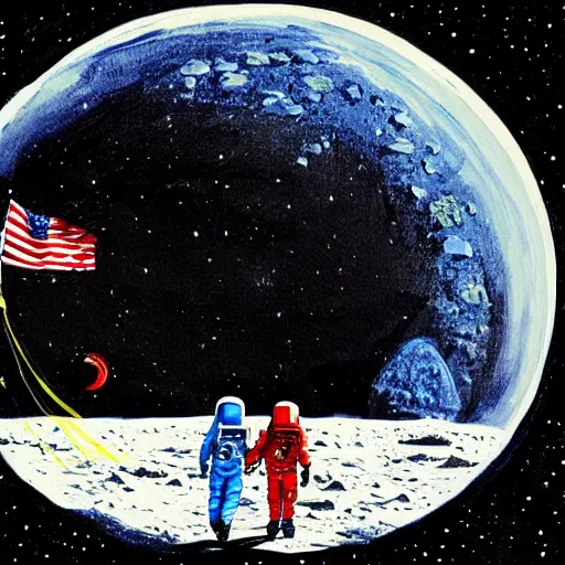 Image similar to painting of astronauts walking on the moon with the earth in the background, in the style of howard finster