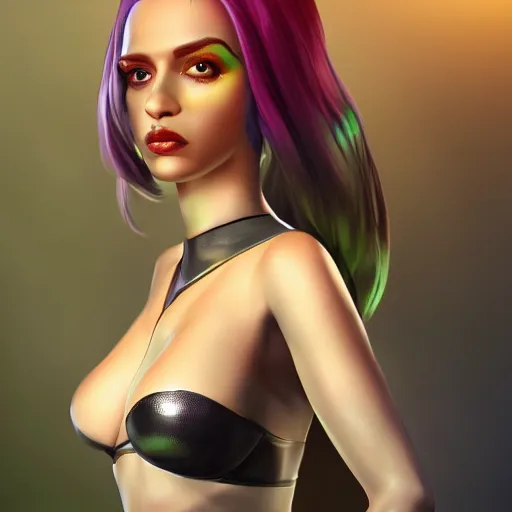 Prompt: half - electric woman, cute - fine - face, pretty face, oil slick hair, realistic shaded perfect face, extremely fine details, realistic shaded lighting, character design by riot games