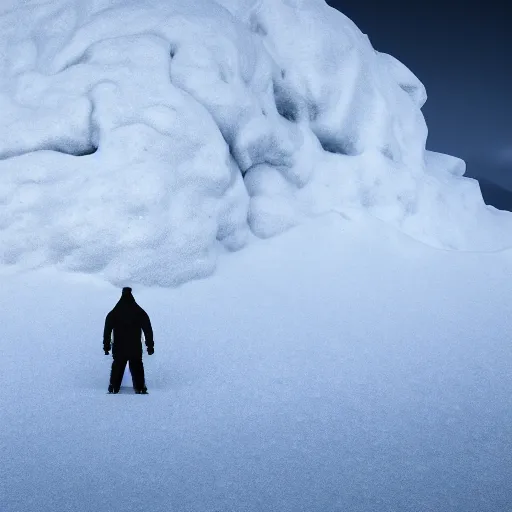 Prompt: snowman forming a man-like sculpture from snow on a snow-covered hillock, late evening, photorealistic image cinematic lighting, photo realistic image, 4K, super detailed, cinematic look, H 1024