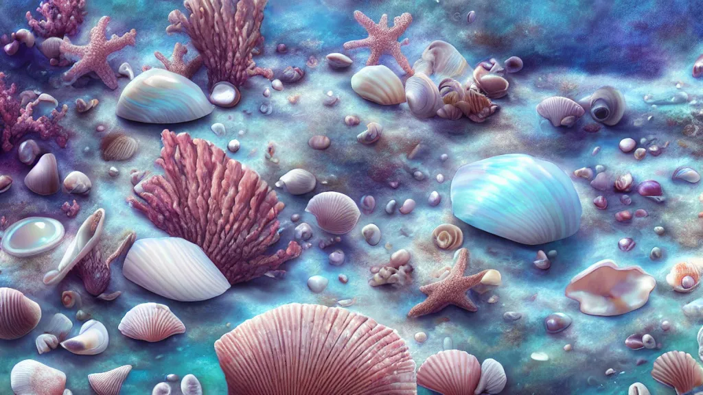 Prompt: landscape, corals, nacre, shells, sea, white, iridescent. fantasy, digital painting, hd, highly detailed.