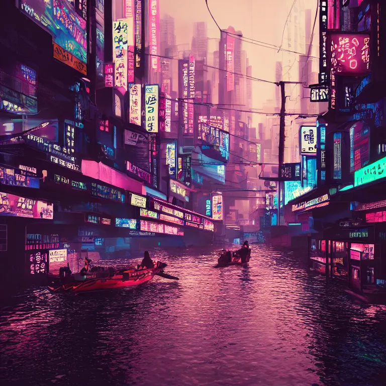 Image similar to cyberpunk flooded rainy south korea, seoul, man in small row boat, reflections, cinematic lighting, photorealistic, trending on artstation, storefronts made of neon lights, hyper realistic rendering photography, unreal 5 engine render, ultra wide angle, long shot, 8 k