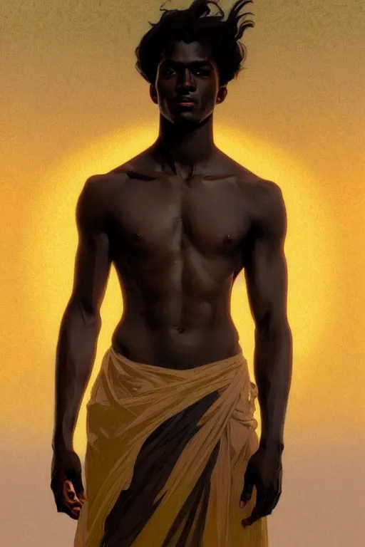 Prompt: full figure beautiful young dark skin man, luminous scene, by greg rutkowski and alphonse mucha, d & d character, gradient white to gold, in front of a dune desert background, highly detailed portrait, digital painting, artstation, concept art, smooth, sharp focus illustration, artstation hq