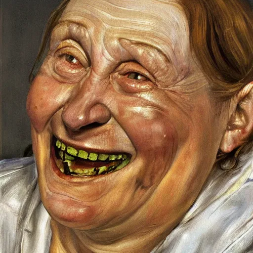 Prompt: high quality high detail painting by lucian freud, hd, a laughing woman portrait, photorealistic lighting