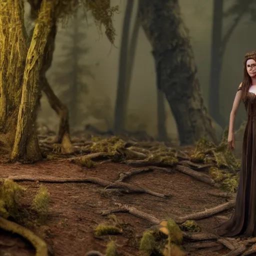 Image similar to A highly detailed matte painting of a Fae noblewoman in a burnt forest, octane render, 4K resolution, masterpiece
