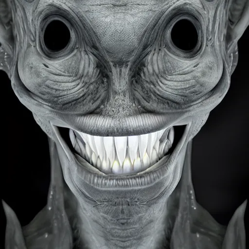 Image similar to an alien. angled jaw, growling, omniverous layered teeth, sunken nose, smooth bioluminescent skin, emaciated, mid length portrait photograph, highly detailed, high contrast lighting