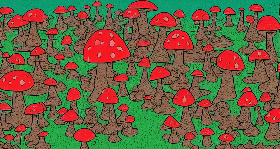 Image similar to A tribal village in a forest of giant mushrooms, by Jhonen Vasquez