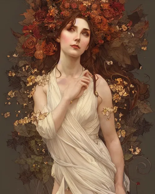 Prompt: A full portrait of the goddess of autumn, intricate, elegant, highly detailed, digital painting, artstation, concept art, smooth, sharp focus, illustration, art by Krenz Cushart and Artem Demura and alphonse mucha