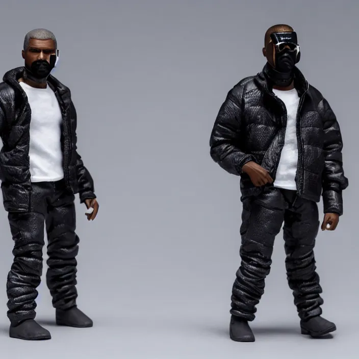 Prompt: a action figure of kanye west using full face - covering black mask with small holes. a small, tight, undersized reflective bright blue round puffer jacket made of nylon. a shirt underneath. jeans pants. a pair of big rubber boots, figurine, detailed product photo, 4 k, realistic, acton figure, studio lighting, professional photo