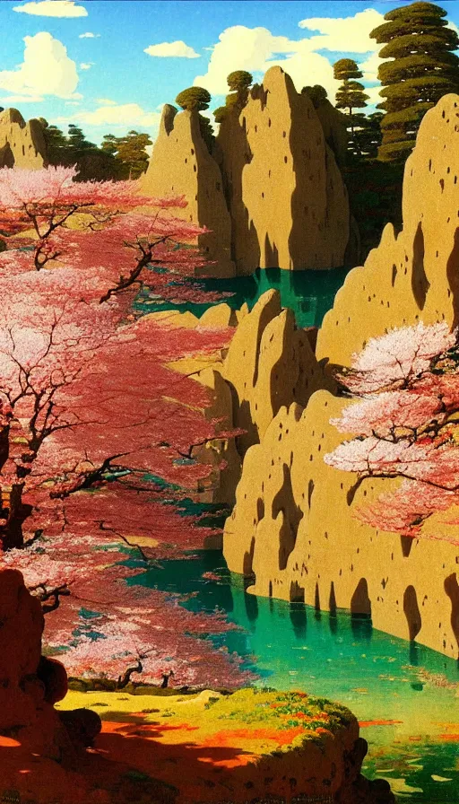 Image similar to ghibli illustrated background of a strikingly beautiful landform with strange rock formations and red water and cherry blossoms by vasily polenov, eugene von guerard, ivan shishkin, albert edelfelt, john singer sargent, albert bierstadt 4 k