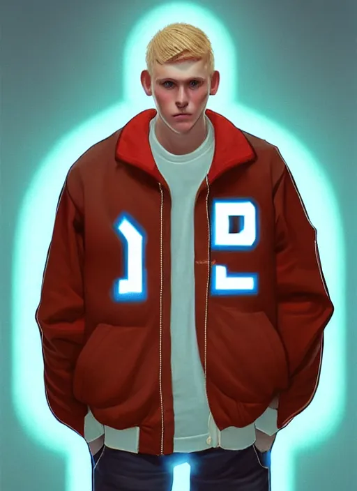 Image similar to portrait of high school senior boy named big moose, blonde short hair, jock, beefy, wide face, square jaw, square facial structure, blue varsity jacket with letter r, intricate, elegant, glowing lights, highly detailed, digital painting, artstation, concept art, sharp focus, illustration, art by wlop, mars ravelo and greg rutkowski