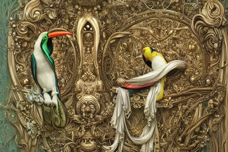 Prompt: beautiful render of catholic rococo roses veiled toucan sculpture with symmetry intricate detailed, by Edward Burne-Jones and aaron horkey and NekroXIII and Billelis and peter gric, artstation, ZBrush, maximalist, glittering, gold, silver, ivory, hyperreal