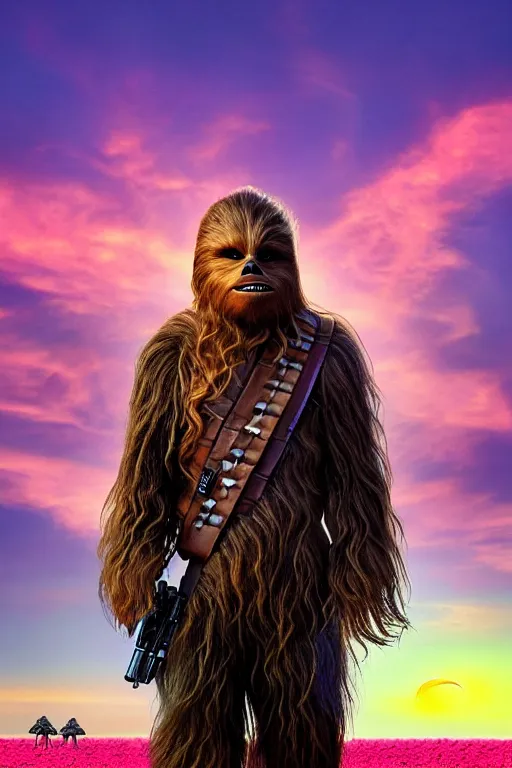Prompt: Chewbacca standing in a hilly desert surrounded by pink flamingos, sunset, beams of light, jet planes overhead, nature documentary, imax, digital art, still from star wars, highly detailed, directed by ridley scott