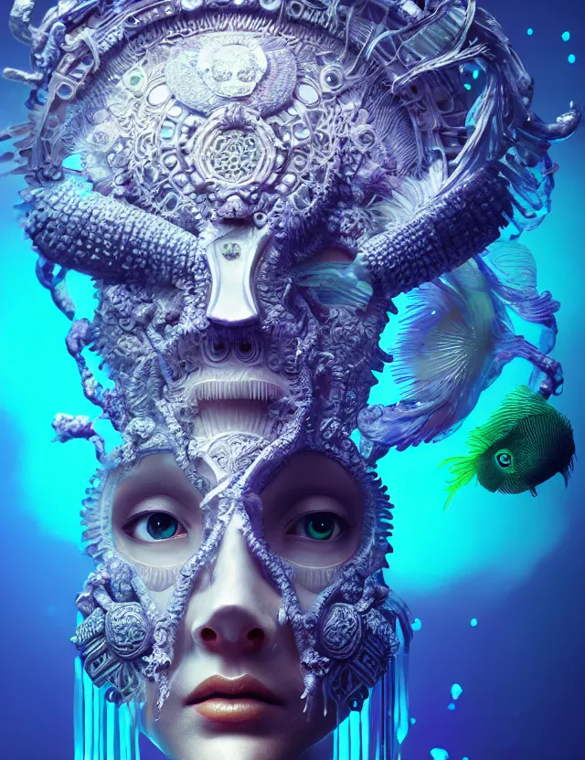 Image similar to goddess macro close - up portrait with mask made of ram skull. betta fish, jellyfish phoenix, bioluminiscent, plasma, ice, water, wind, creature, super intricate ornaments artwork by tooth wu and wlop and beeple and greg rutkowski