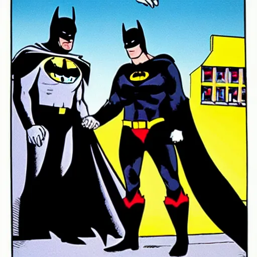 Prompt: batman shaking hands with ronald reagan