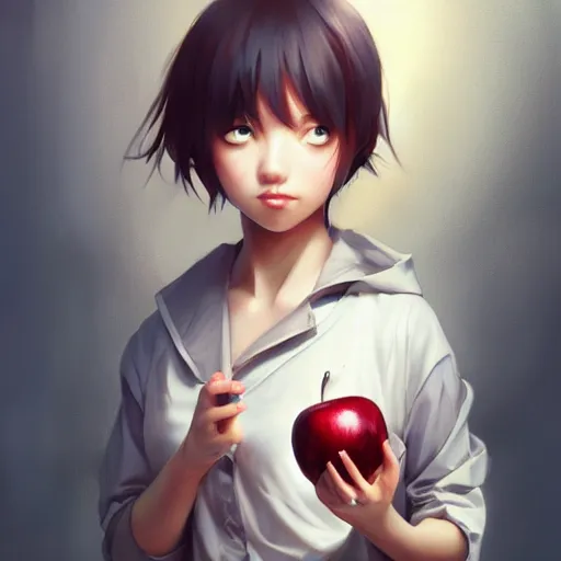 Prompt: a girl peeling an apple by krenz cushart, stu_dts, yoshiku, wlop, trending on ArtStation, Pixiv