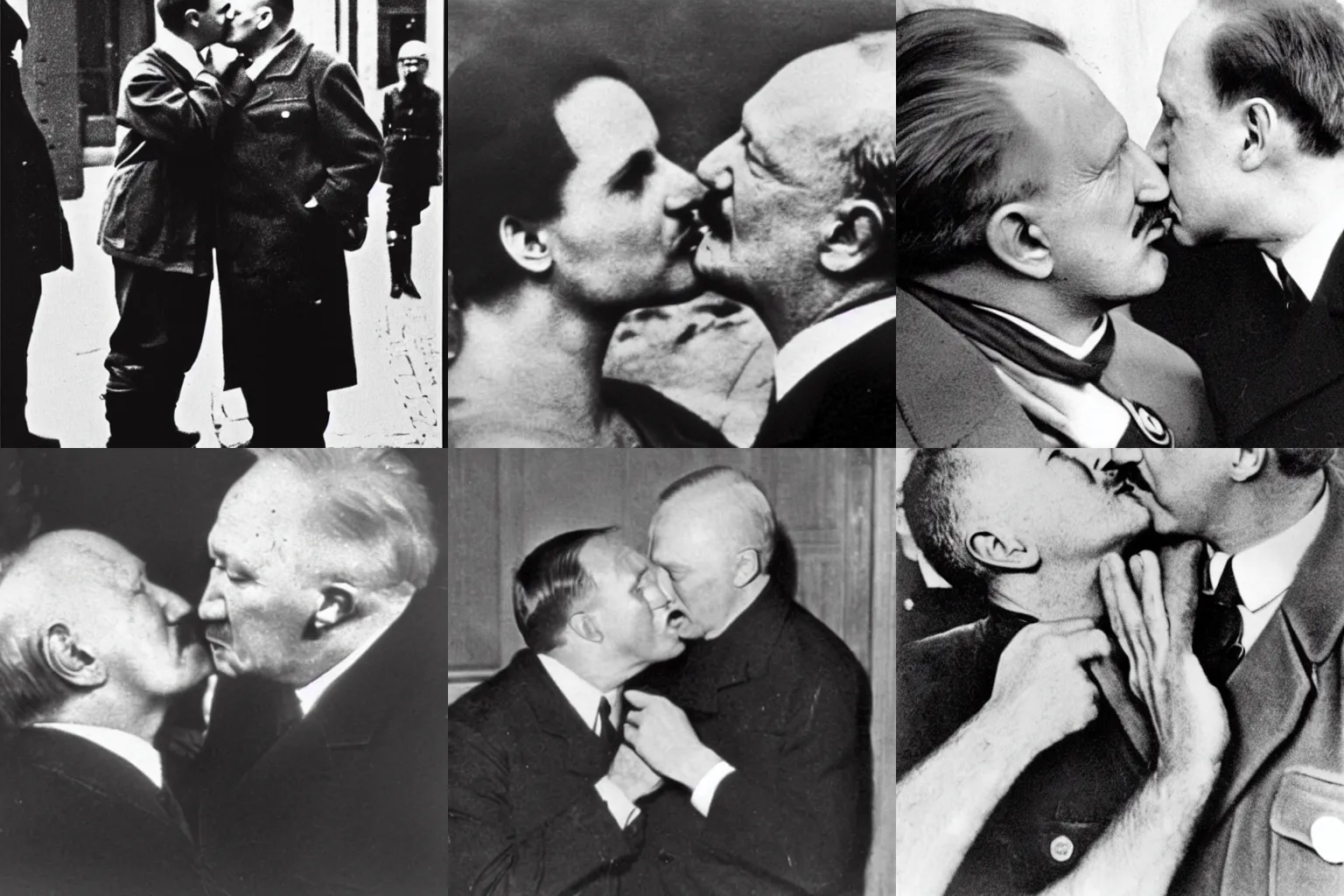 Prompt: Heidegger kissing hitler romantically