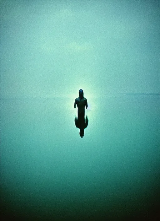 Image similar to “translucent frog amphibian vertically hovering above misty lake waters in jesus christ pose, low angle, long cinematic shot by Andrei Tarkovsky, paranormal, eerie, mystical”