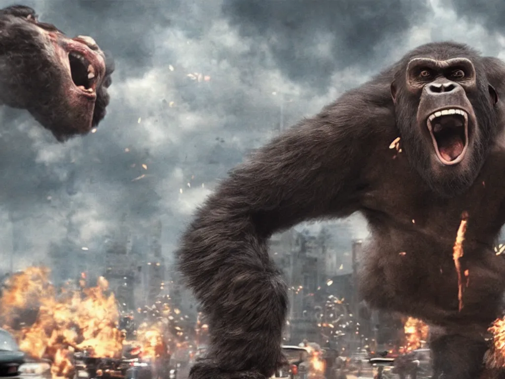 Image similar to An king Kong rage on street, Hollywood scene , cinematic , 2012, end of the world movie , full color