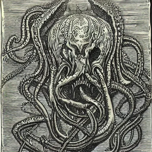 Image similar to a detailed woodcut of Cthulhu by Gustave Doré