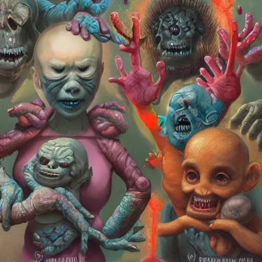 Image similar to Lofi horror, a baby monster with six arms, six arms, monster,chalk, Pixar style, Tristan Eaton, Stanley Artgerm, Tom Bagshaw, Basil Gogos