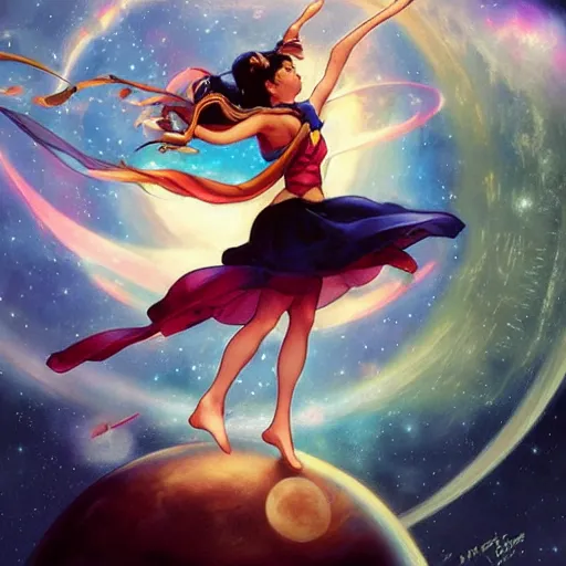 Image similar to Sailor Moon jumping across the sky with Moon and planets in background, nature unity, planets align, high detail, upscale, art by artgerm and greg rutkowski and alphonse mucha