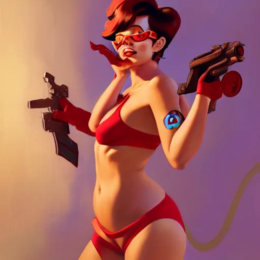 Image similar to pinup overwatch tracer in a red bikini, artwork by sergey kolesov, medium shot, asymmetrical, organic painting, sunny day, matte painting, bold shapes, hard edges, street art, trending on artstation, by huang guangjian and gil elvgren and sachin teng